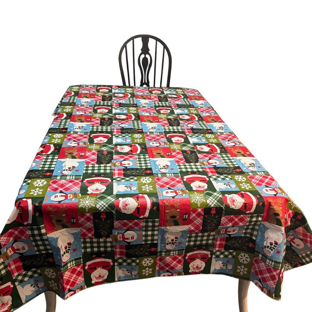 Christmas Vinyl Tablecloth Santa & Snowman Design 78x60 Rectangle Holiday Decor